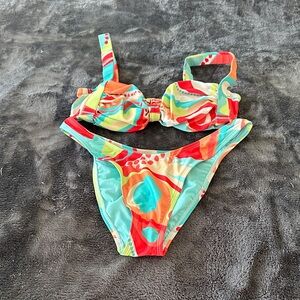 Jessica Simpson Women’s Two-Piece Swimsuit in Aqua & Coral Bottom M Top L